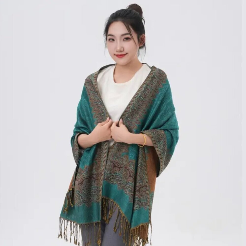 NWOT Thick Pashmina Scarf–Aquamarine, Elegant Border Pattern, Cozy Winter Wrap - Picture 2 of 4